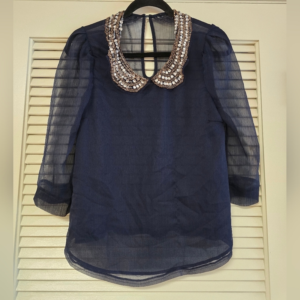 Ark & Co - Sheer Top With Beaded Embellished Collar With Back Keyhole Detail